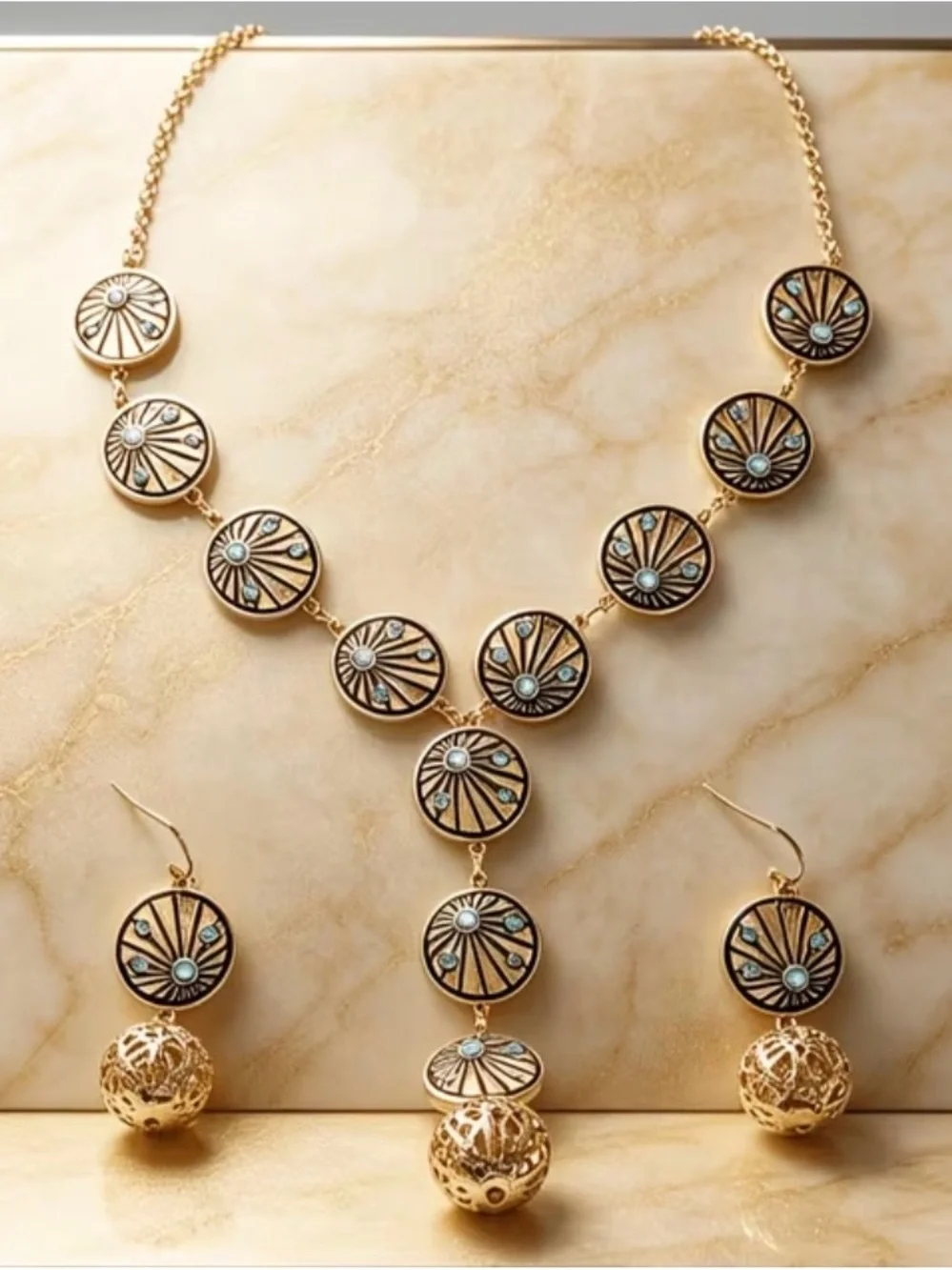 Western Gold-Tone Turquoise Accent Medallion Necklace & Earring Set